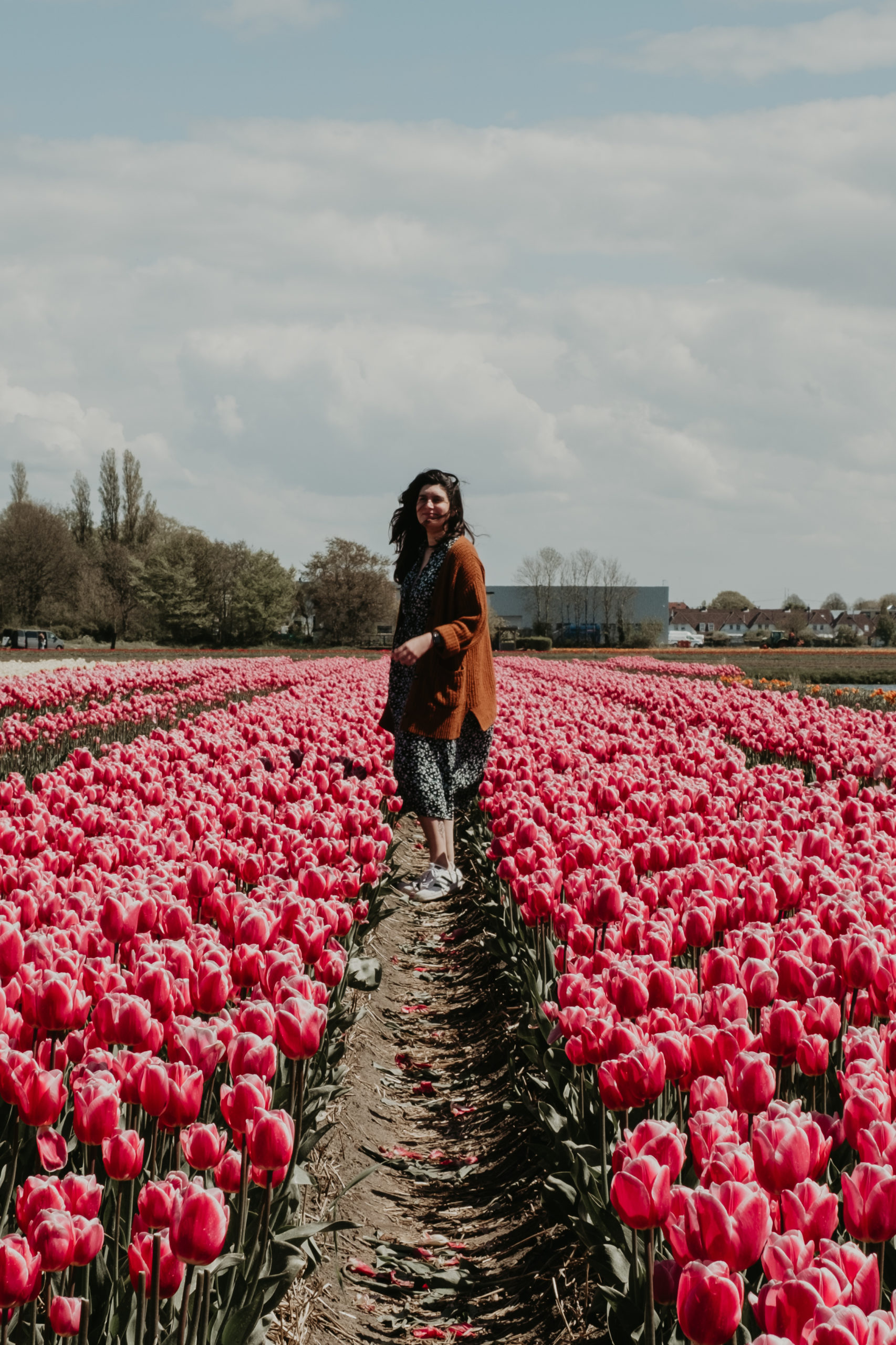 campo de tulipas rosa com uma mulher ao centro, virada um pouco de lado, com cabelos esvoaçantes ao vento, um vestido de fundo preto e com estampa de pequenas flores verdes, e um cardigan terrracota